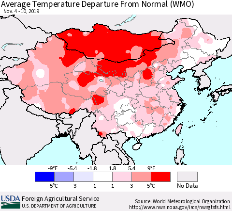 China, Mongolia and Taiwan Average Temperature Departure from Normal (WMO) Thematic Map For 11/4/2019 - 11/10/2019