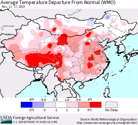 China, Mongolia and Taiwan Average Temperature Departure from Normal (WMO) Thematic Map For 11/11/2019 - 11/17/2019