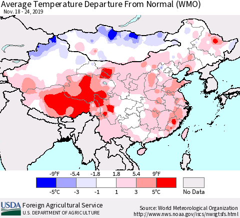 China, Mongolia and Taiwan Average Temperature Departure from Normal (WMO) Thematic Map For 11/18/2019 - 11/24/2019