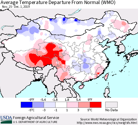 China, Mongolia and Taiwan Average Temperature Departure from Normal (WMO) Thematic Map For 11/25/2019 - 12/1/2019
