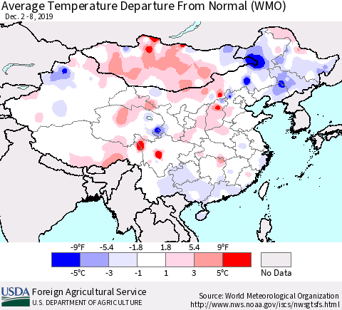 China, Mongolia and Taiwan Average Temperature Departure from Normal (WMO) Thematic Map For 12/2/2019 - 12/8/2019