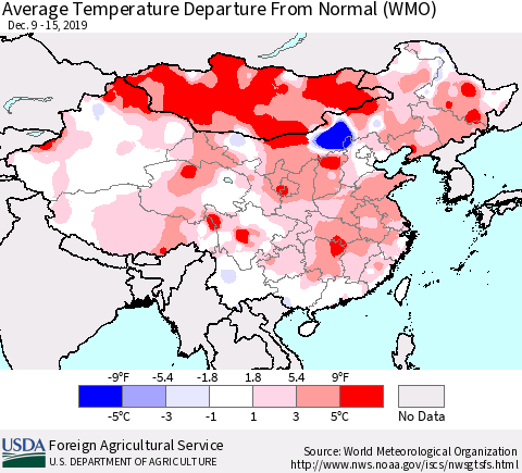 China, Mongolia and Taiwan Average Temperature Departure from Normal (WMO) Thematic Map For 12/9/2019 - 12/15/2019