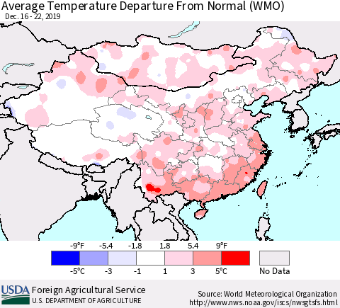 China, Mongolia and Taiwan Average Temperature Departure from Normal (WMO) Thematic Map For 12/16/2019 - 12/22/2019