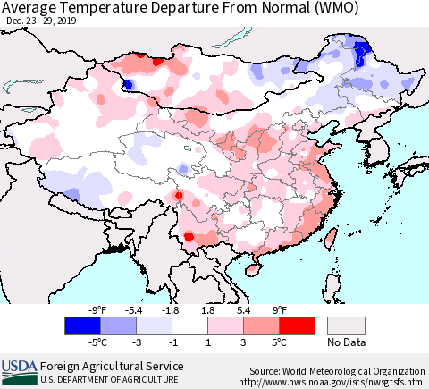 China, Mongolia and Taiwan Average Temperature Departure from Normal (WMO) Thematic Map For 12/23/2019 - 12/29/2019