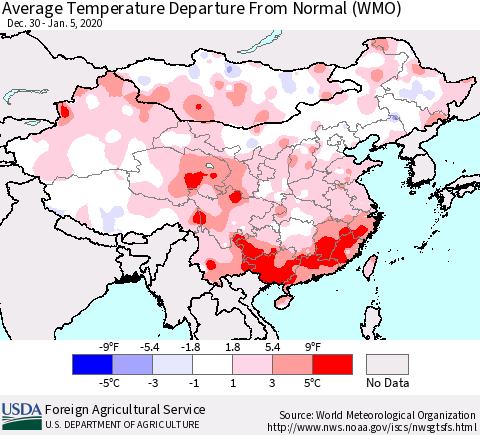 China, Mongolia and Taiwan Average Temperature Departure from Normal (WMO) Thematic Map For 12/30/2019 - 1/5/2020