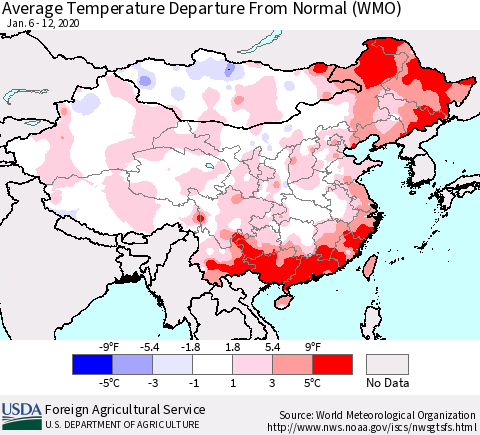 China, Mongolia and Taiwan Average Temperature Departure from Normal (WMO) Thematic Map For 1/6/2020 - 1/12/2020