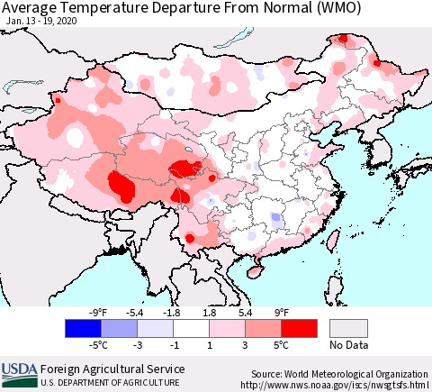 China, Mongolia and Taiwan Average Temperature Departure from Normal (WMO) Thematic Map For 1/13/2020 - 1/19/2020
