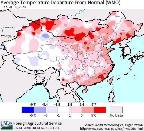 China, Mongolia and Taiwan Average Temperature Departure from Normal (WMO) Thematic Map For 1/20/2020 - 1/26/2020