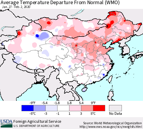 China, Mongolia and Taiwan Average Temperature Departure from Normal (WMO) Thematic Map For 1/27/2020 - 2/2/2020