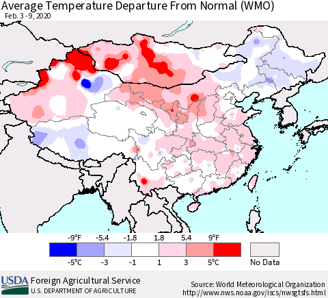 China, Mongolia and Taiwan Average Temperature Departure from Normal (WMO) Thematic Map For 2/3/2020 - 2/9/2020
