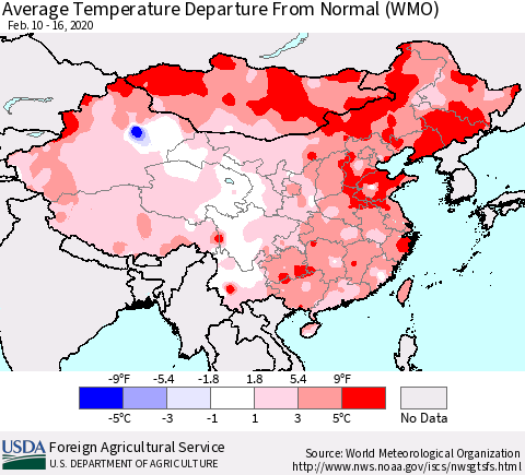 China, Mongolia and Taiwan Average Temperature Departure from Normal (WMO) Thematic Map For 2/10/2020 - 2/16/2020