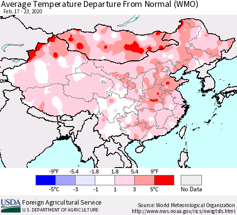 China, Mongolia and Taiwan Average Temperature Departure from Normal (WMO) Thematic Map For 2/17/2020 - 2/23/2020
