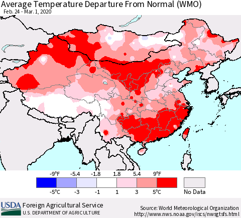 China, Mongolia and Taiwan Average Temperature Departure from Normal (WMO) Thematic Map For 2/24/2020 - 3/1/2020