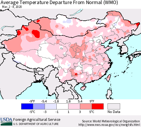 China, Mongolia and Taiwan Average Temperature Departure from Normal (WMO) Thematic Map For 3/2/2020 - 3/8/2020