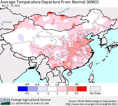 China, Mongolia and Taiwan Average Temperature Departure from Normal (WMO) Thematic Map For 3/9/2020 - 3/15/2020