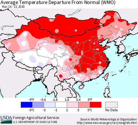 China, Mongolia and Taiwan Average Temperature Departure from Normal (WMO) Thematic Map For 3/16/2020 - 3/22/2020