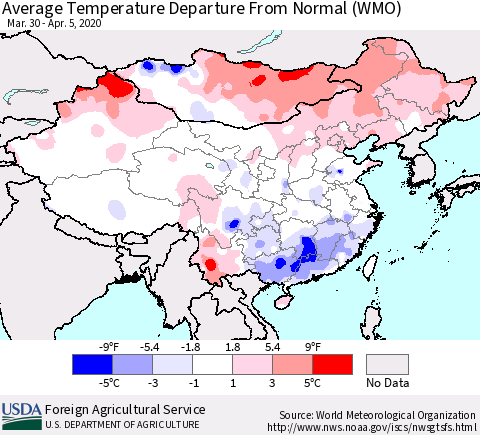 China, Mongolia and Taiwan Average Temperature Departure from Normal (WMO) Thematic Map For 3/30/2020 - 4/5/2020