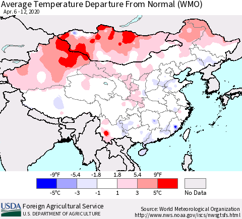 China, Mongolia and Taiwan Average Temperature Departure from Normal (WMO) Thematic Map For 4/6/2020 - 4/12/2020