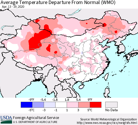 China, Mongolia and Taiwan Average Temperature Departure from Normal (WMO) Thematic Map For 4/13/2020 - 4/19/2020
