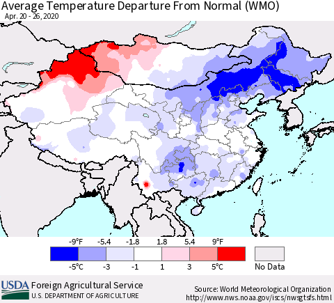 China, Mongolia and Taiwan Average Temperature Departure from Normal (WMO) Thematic Map For 4/20/2020 - 4/26/2020