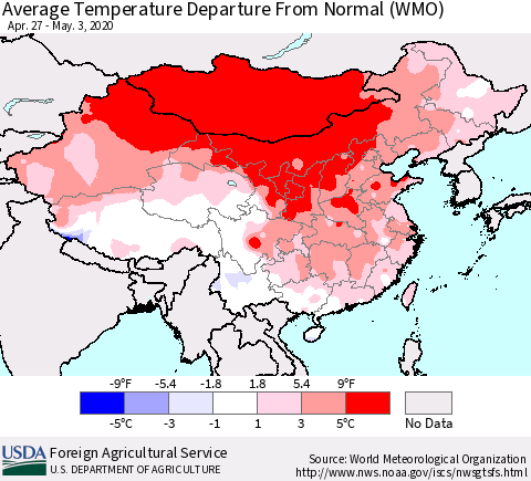China, Mongolia and Taiwan Average Temperature Departure from Normal (WMO) Thematic Map For 4/27/2020 - 5/3/2020