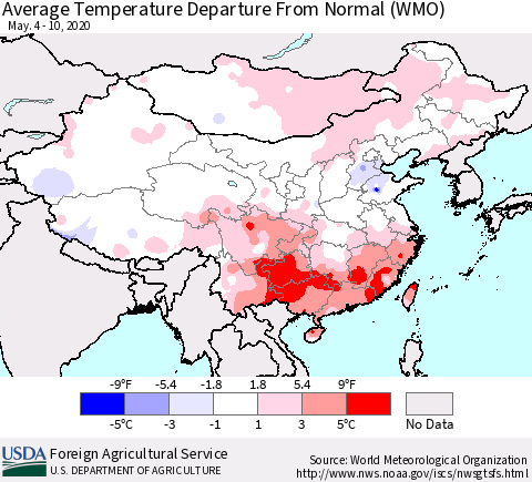 China, Mongolia and Taiwan Average Temperature Departure from Normal (WMO) Thematic Map For 5/4/2020 - 5/10/2020