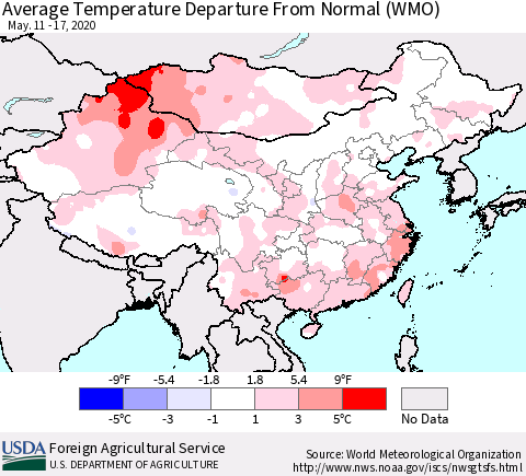 China, Mongolia and Taiwan Average Temperature Departure from Normal (WMO) Thematic Map For 5/11/2020 - 5/17/2020