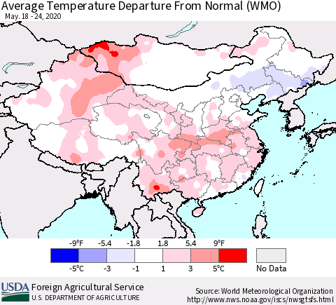 China, Mongolia and Taiwan Average Temperature Departure from Normal (WMO) Thematic Map For 5/18/2020 - 5/24/2020