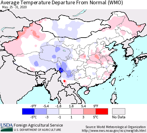China, Mongolia and Taiwan Average Temperature Departure from Normal (WMO) Thematic Map For 5/25/2020 - 5/31/2020