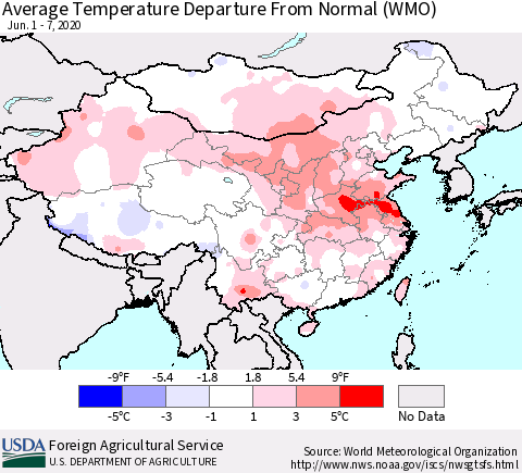 China, Mongolia and Taiwan Average Temperature Departure from Normal (WMO) Thematic Map For 6/1/2020 - 6/7/2020