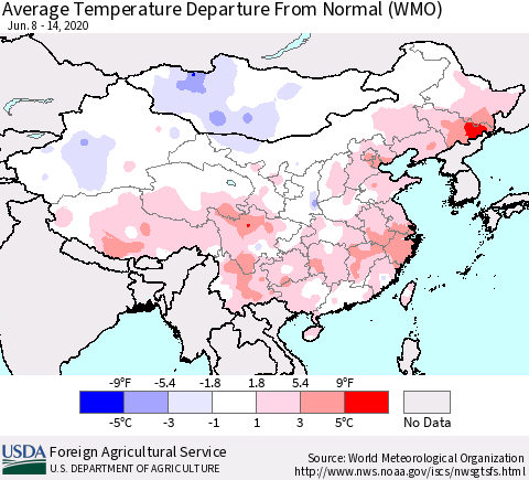 China, Mongolia and Taiwan Average Temperature Departure from Normal (WMO) Thematic Map For 6/8/2020 - 6/14/2020