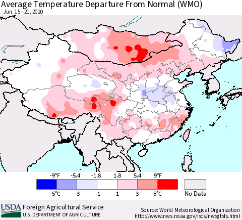 China, Mongolia and Taiwan Average Temperature Departure from Normal (WMO) Thematic Map For 6/15/2020 - 6/21/2020