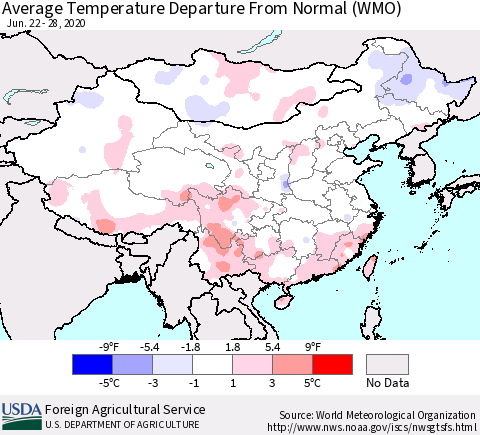 China, Mongolia and Taiwan Average Temperature Departure from Normal (WMO) Thematic Map For 6/22/2020 - 6/28/2020