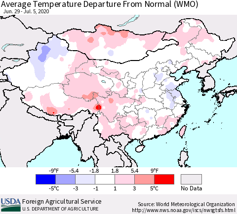 China, Mongolia and Taiwan Average Temperature Departure from Normal (WMO) Thematic Map For 6/29/2020 - 7/5/2020