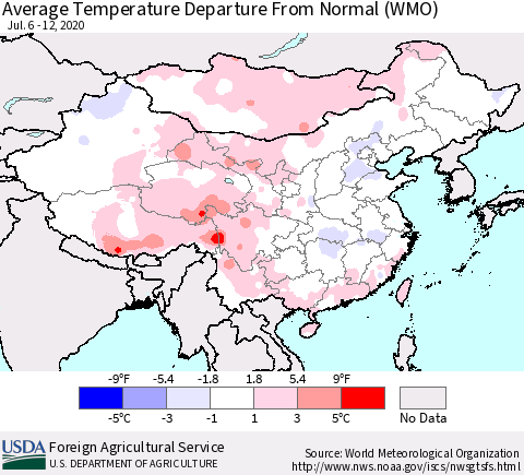 China, Mongolia and Taiwan Average Temperature Departure from Normal (WMO) Thematic Map For 7/6/2020 - 7/12/2020