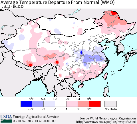 China, Mongolia and Taiwan Average Temperature Departure from Normal (WMO) Thematic Map For 7/13/2020 - 7/19/2020