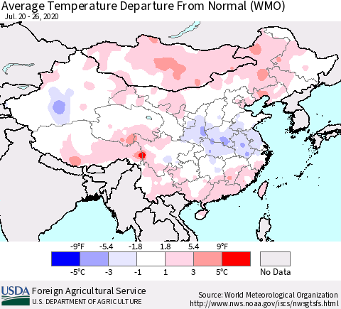 China, Mongolia and Taiwan Average Temperature Departure from Normal (WMO) Thematic Map For 7/20/2020 - 7/26/2020