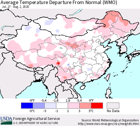 China, Mongolia and Taiwan Average Temperature Departure from Normal (WMO) Thematic Map For 7/27/2020 - 8/2/2020