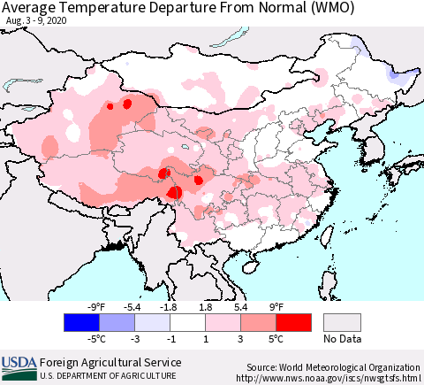 China, Mongolia and Taiwan Average Temperature Departure from Normal (WMO) Thematic Map For 8/3/2020 - 8/9/2020