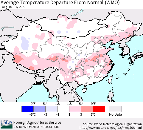China, Mongolia and Taiwan Average Temperature Departure from Normal (WMO) Thematic Map For 8/10/2020 - 8/16/2020