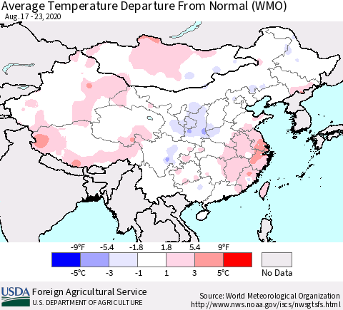 China, Mongolia and Taiwan Average Temperature Departure from Normal (WMO) Thematic Map For 8/17/2020 - 8/23/2020