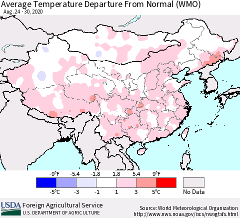 China, Mongolia and Taiwan Average Temperature Departure from Normal (WMO) Thematic Map For 8/24/2020 - 8/30/2020