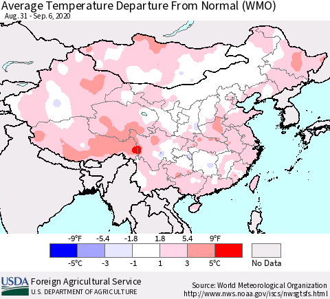 China, Mongolia and Taiwan Average Temperature Departure from Normal (WMO) Thematic Map For 8/31/2020 - 9/6/2020