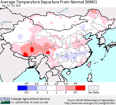 China, Mongolia and Taiwan Average Temperature Departure from Normal (WMO) Thematic Map For 9/14/2020 - 9/20/2020