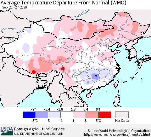 China, Mongolia and Taiwan Average Temperature Departure from Normal (WMO) Thematic Map For 9/21/2020 - 9/27/2020