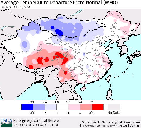 China, Mongolia and Taiwan Average Temperature Departure from Normal (WMO) Thematic Map For 9/28/2020 - 10/4/2020