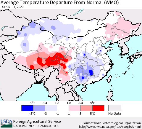 China, Mongolia and Taiwan Average Temperature Departure from Normal (WMO) Thematic Map For 10/5/2020 - 10/11/2020