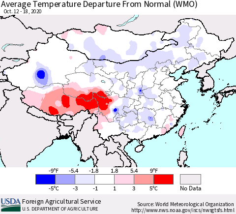 China, Mongolia and Taiwan Average Temperature Departure from Normal (WMO) Thematic Map For 10/12/2020 - 10/18/2020