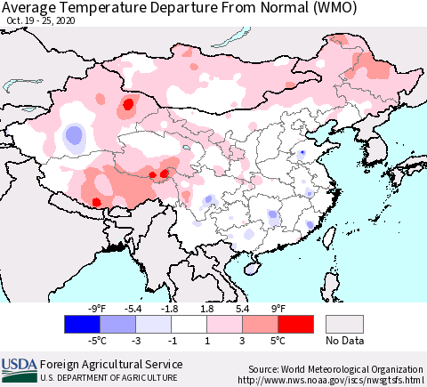 China, Mongolia and Taiwan Average Temperature Departure from Normal (WMO) Thematic Map For 10/19/2020 - 10/25/2020