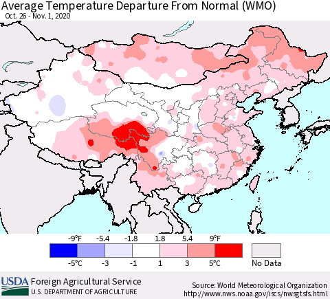 China, Mongolia and Taiwan Average Temperature Departure from Normal (WMO) Thematic Map For 10/26/2020 - 11/1/2020